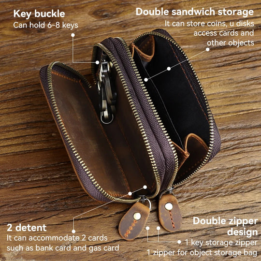 Genuine Leather Key Wallet, Double Zipper Key Organizer Pouch