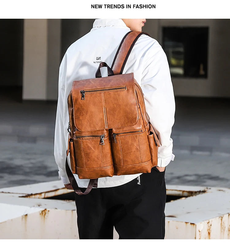 Men’s Leather Backpack, Waterproof Travel School Casual Bag