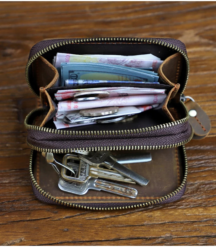 Genuine Leather Key Wallet, Double Zipper Key Organizer Pouch