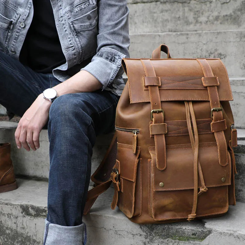 Men’s Genuine Leather Backpack, 17" Laptop Large Travel Bag