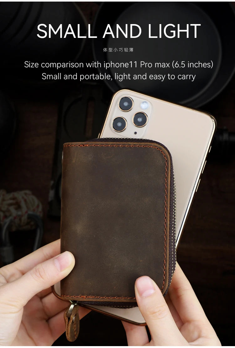 Genuine Leather Key Wallet, Double Zipper Key Organizer Pouch