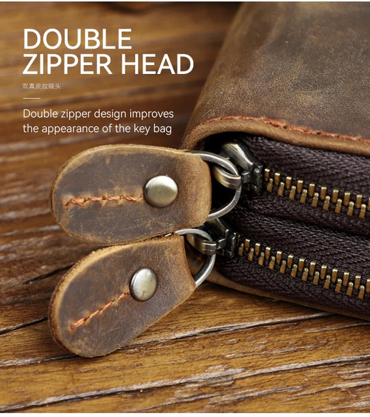 Genuine Leather Key Wallet, Double Zipper Key Organizer Pouch