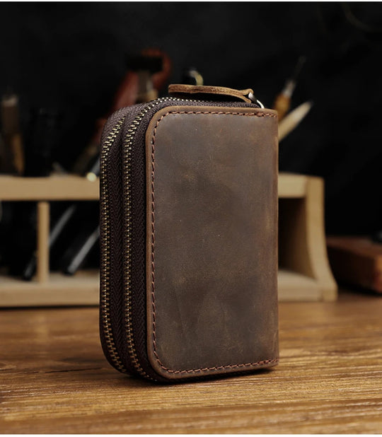 Genuine Leather Key Wallet, Double Zipper Key Organizer Pouch