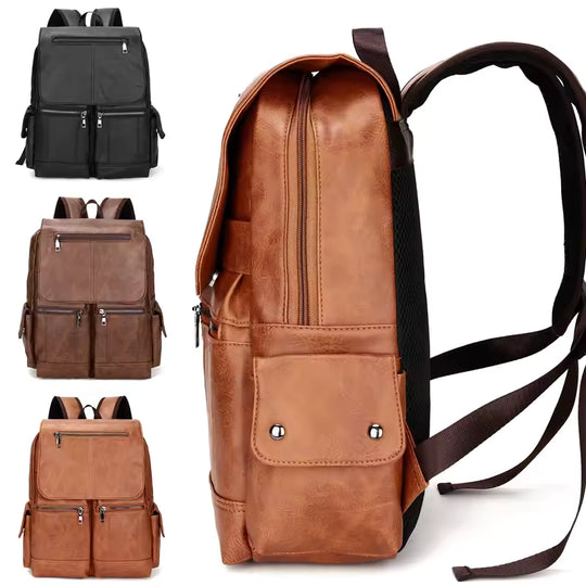 Fashion Leather School Backpack, Bag for Students, Waterproof Travel Bag, Casual Leather Book Bag Male
