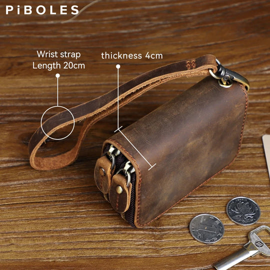 Genuine Leather Key Wallet, Double Zipper Key Organizer Pouch