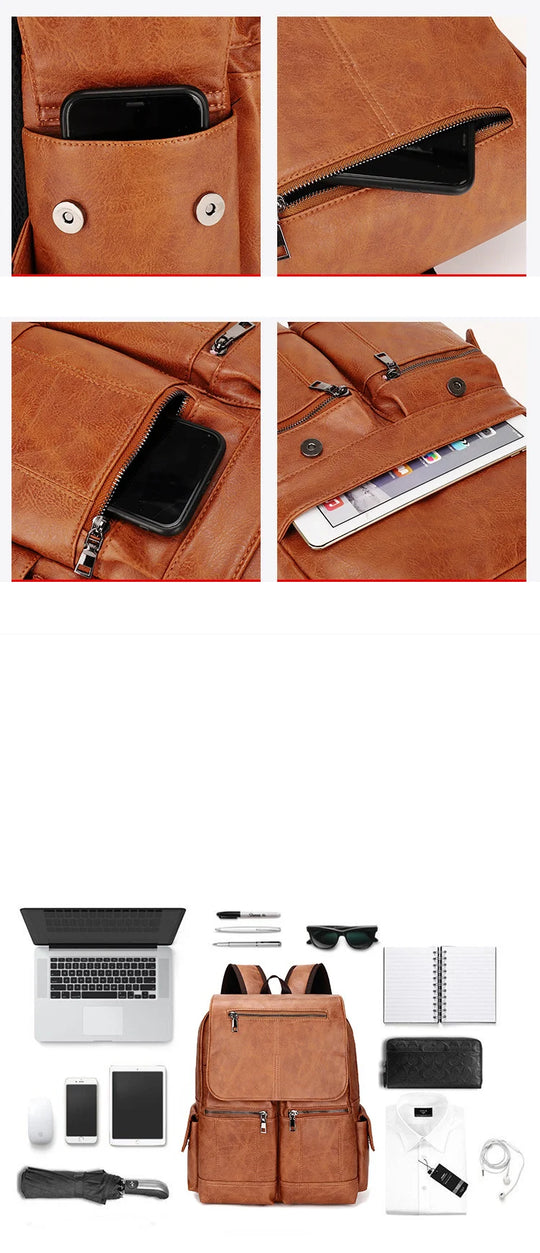 Fashion Leather School Backpack, Bag for Students, Waterproof Travel Bag, Casual Leather Book Bag Male