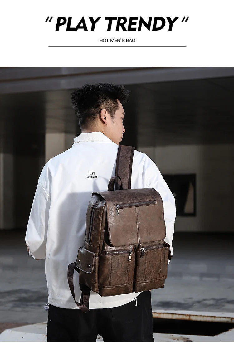 Men’s Leather Backpack, Waterproof Travel School Casual Bag