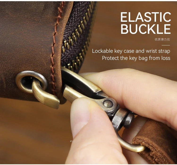 Genuine Leather Key Wallet, Double Zipper Key Organizer Pouch