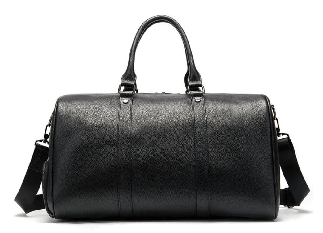 Versatile black leather travel bag with quality craftsmanship