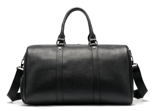 Versatile black leather travel bag with quality craftsmanship