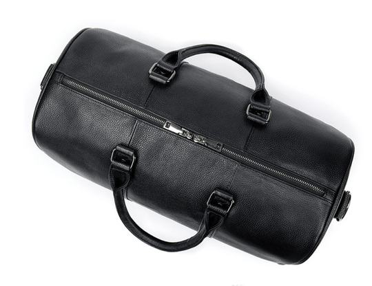 High-end black leather travel duffle with quality features