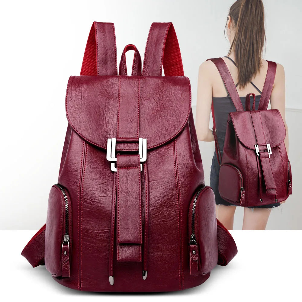Women’s Leather Backpack, Fashion Large Capacity School Bag