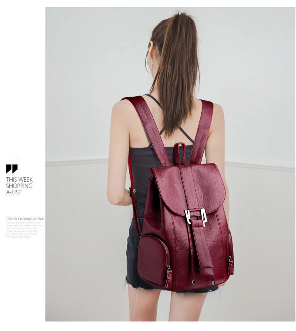 Women’s Leather Backpack, Fashion Large Capacity School Bag