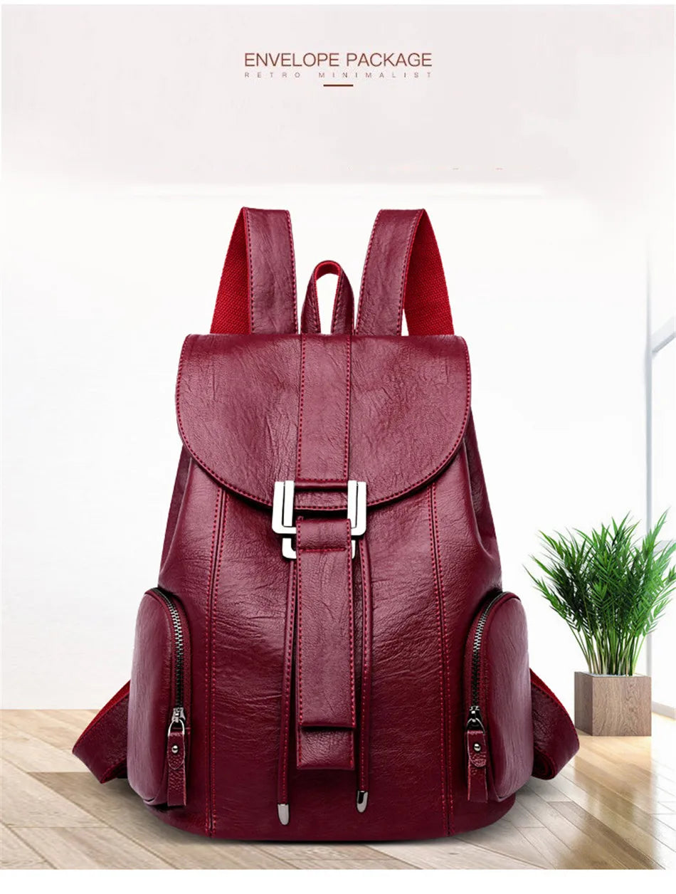 Women’s Leather Backpack, Fashion Large Capacity School Bag
