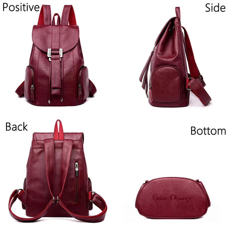 Women’s Leather Backpack, Fashion Large Capacity School Bag