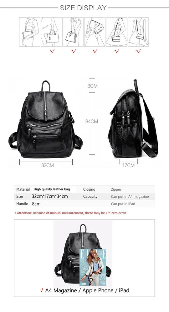 Women’s Vintage Leather Backpack, High Quality Travel School Bag