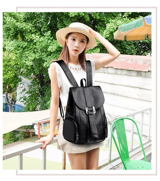 Women’s Leather Backpack, Fashion Large Capacity School Bag
