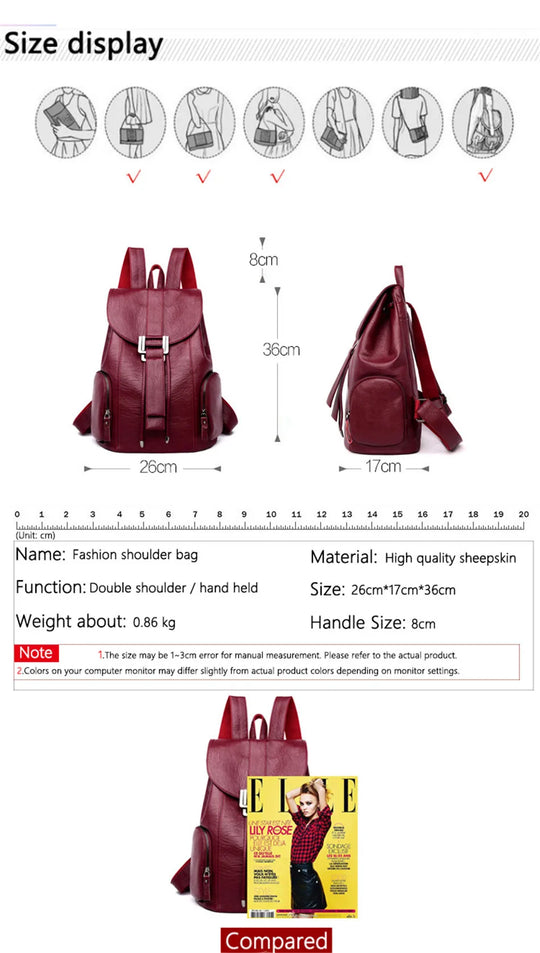 Women’s Leather Backpack, Fashion Large Capacity School Bag