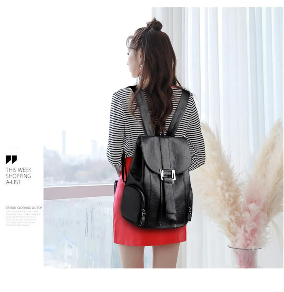 Women’s Leather Backpack, Fashion Large Capacity School Bag