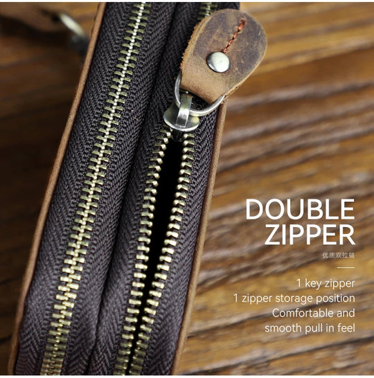 Genuine Leather Key Wallet, Double Zipper Key Organizer Pouch