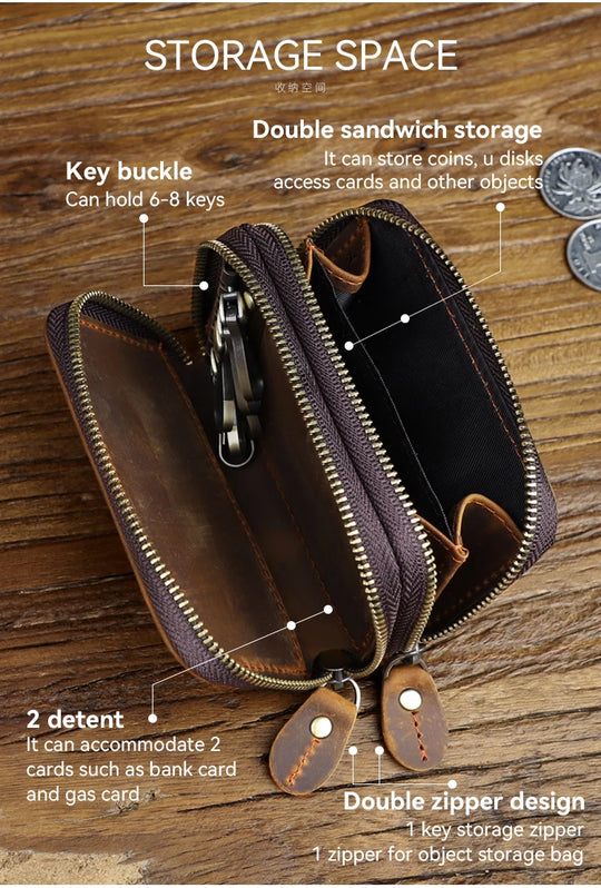 Genuine Leather Key Wallet, Double Zipper Key Organizer Pouch