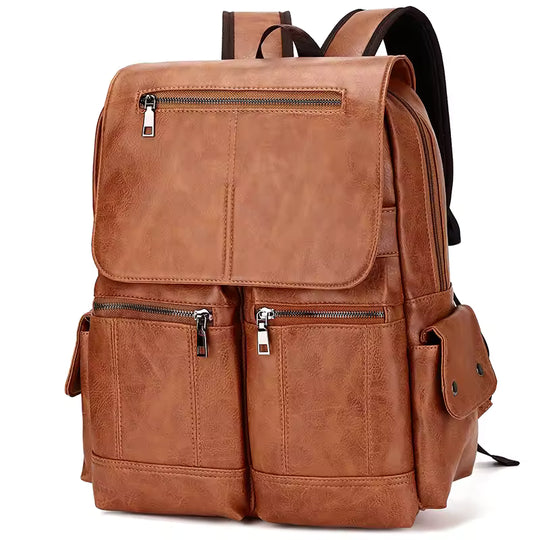 Fashion Leather School Backpack, Bag for Students, Waterproof Travel Bag, Casual Leather Book Bag Male Light Brown