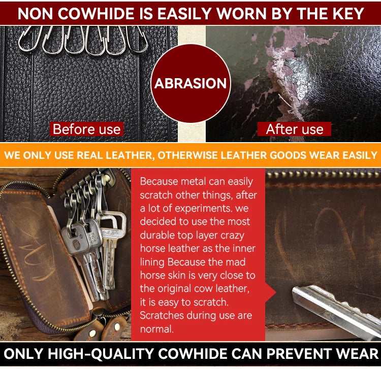 Genuine Leather Key Wallet, Double Zipper Key Organizer Pouch