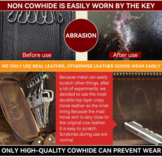 Genuine Leather Key Wallet, Double Zipper Key Organizer Pouch