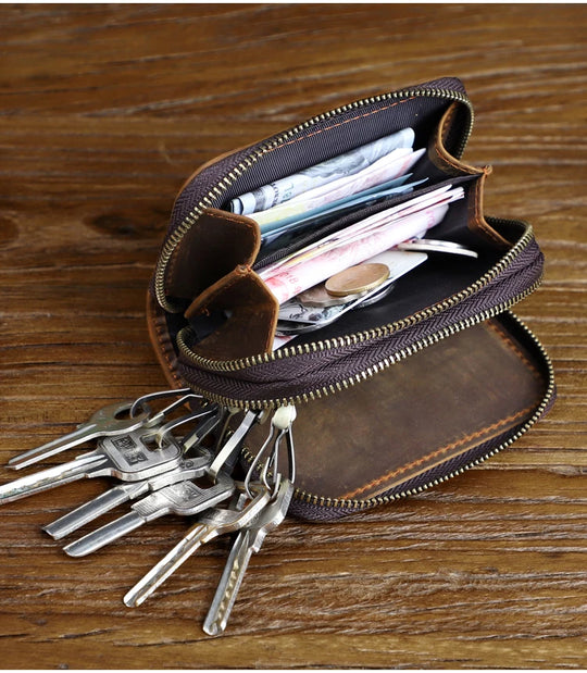 Genuine Leather Key Wallet, Double Zipper Key Organizer Pouch