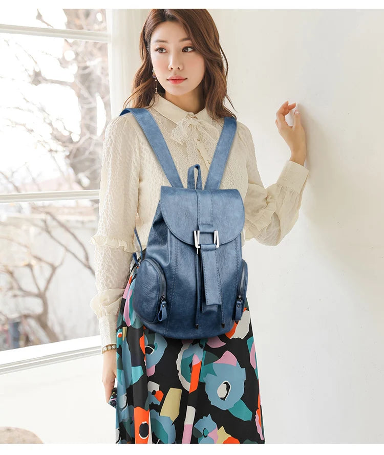 Women’s Leather Backpack, Fashion Large Capacity School Bag