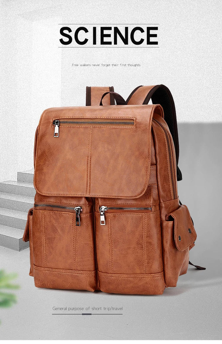 Men’s Leather Backpack, Waterproof Travel School Casual Bag