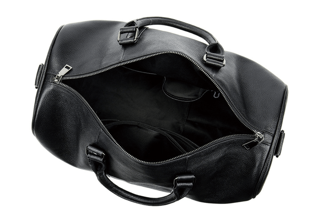 Premium black leather travel duffle for men and women