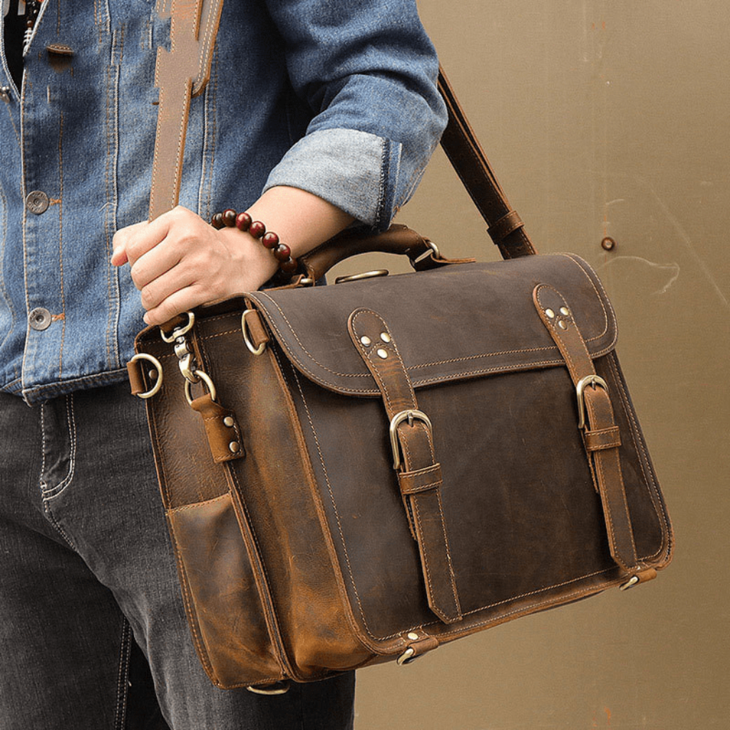 Classic design vintage brown leather messenger with unique features