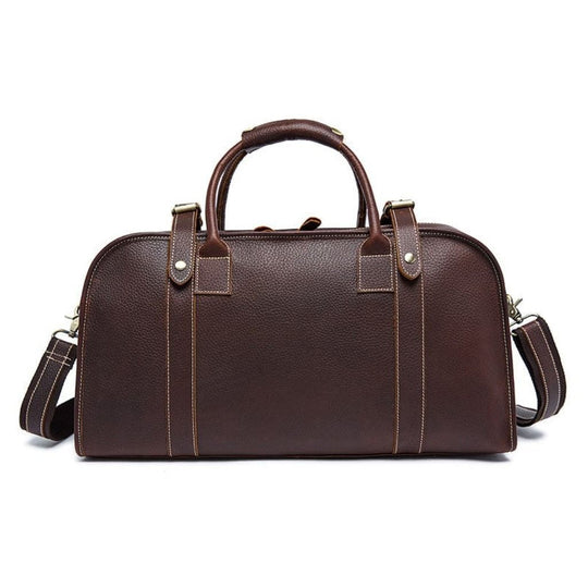 Chic and trendy brown leather crossbody travel duffle