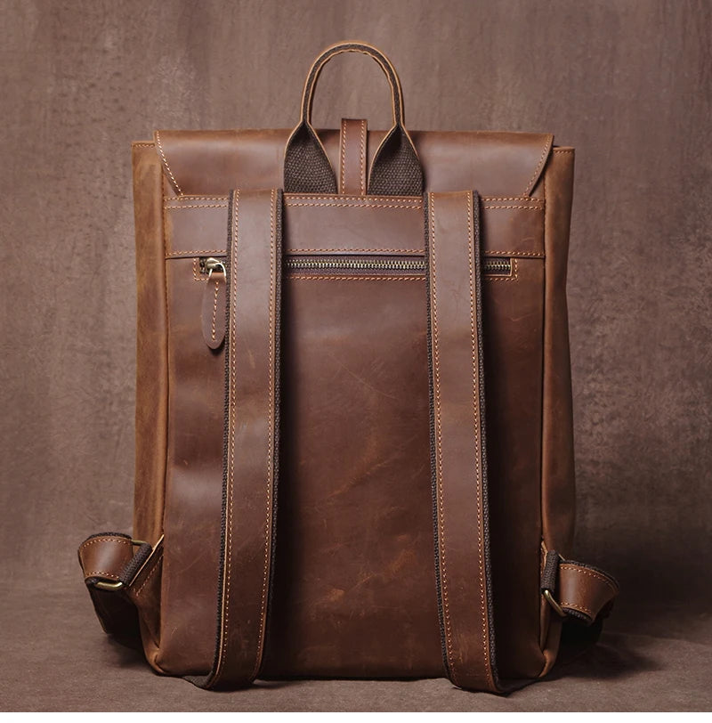 Men’s Retro Genuine Leather Backpack, Flap Travel Commuter Bag