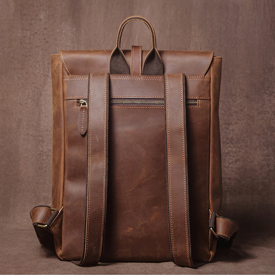 Men’s Retro Genuine Leather Backpack, Flap Travel Commuter Bag