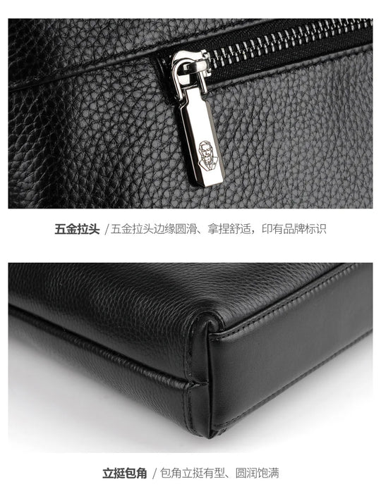 Men’s Genuine Leather Briefcase, Double Zipper Business Bag
