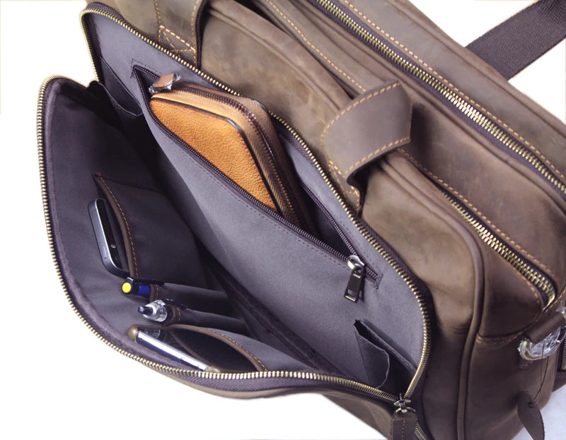Genuine Crazy Horse Leather Men's Briefcase, 17" Laptop Business Bag