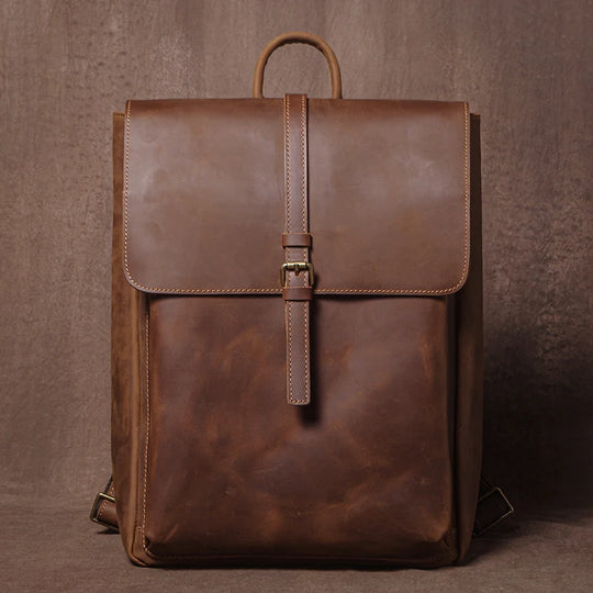 Men’s Retro Genuine Leather Backpack, Flap Travel Commuter Bag