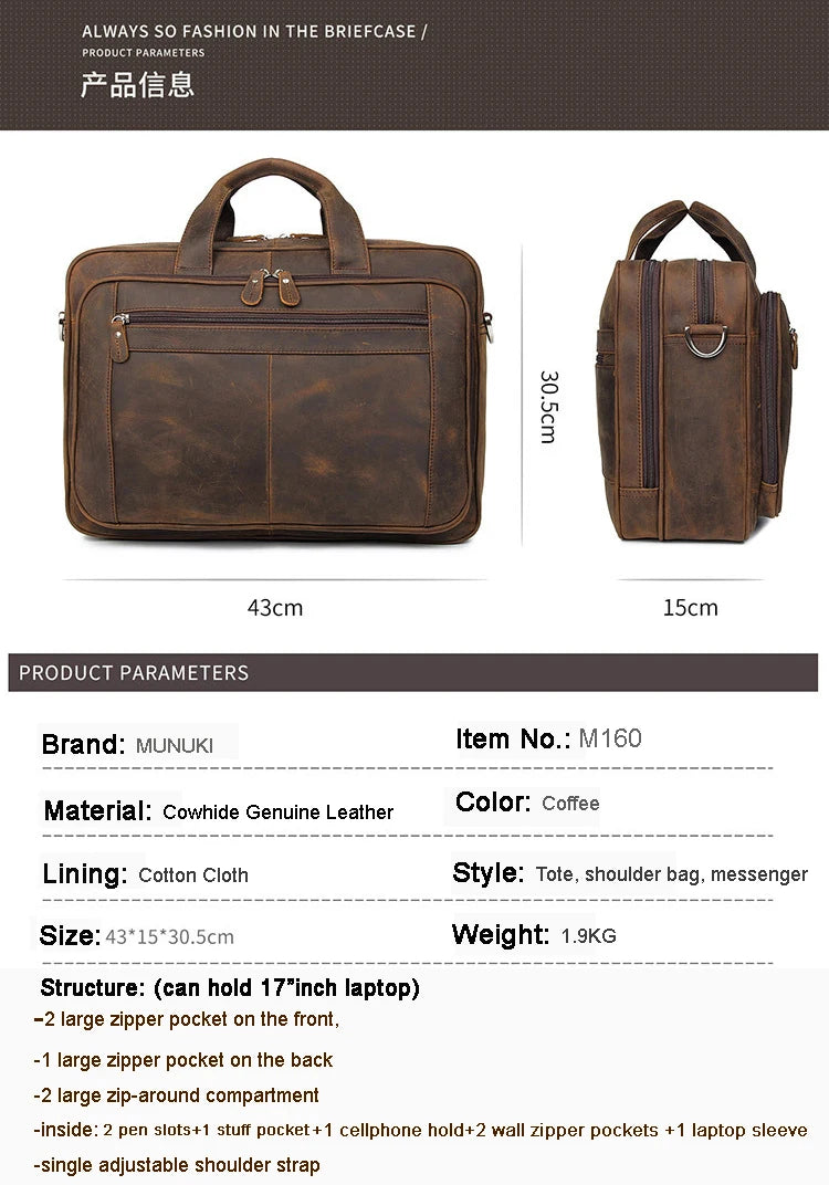 Genuine Crazy Horse Leather Men's Briefcase, 17" Laptop Business Bag
