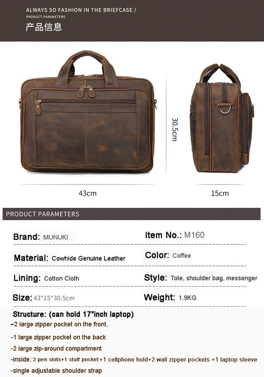 Genuine Crazy Horse Leather Men's Briefcase, 17" Laptop Business Bag