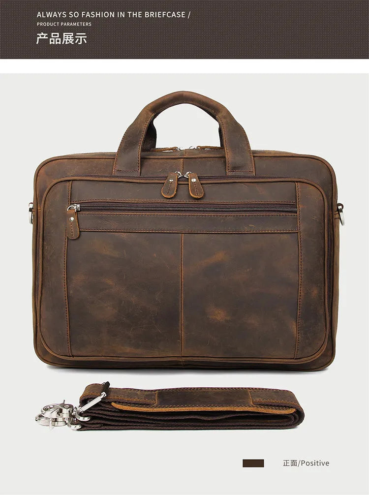 Genuine Crazy Horse Leather Men's Briefcase, 17" Laptop Business Bag