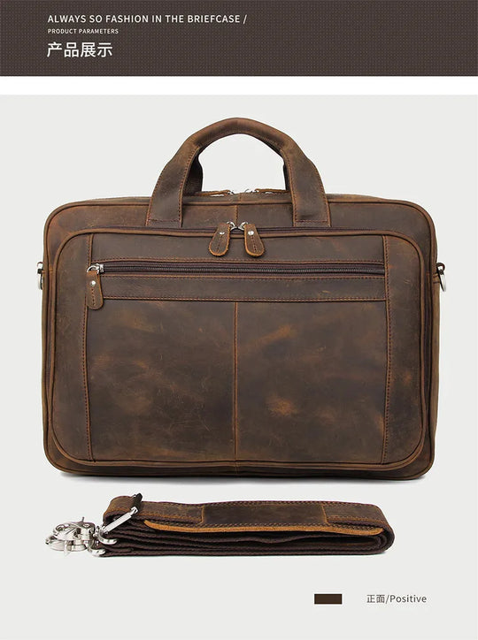 Genuine Crazy Horse Leather Men's Briefcase, 17" Laptop Business Bag