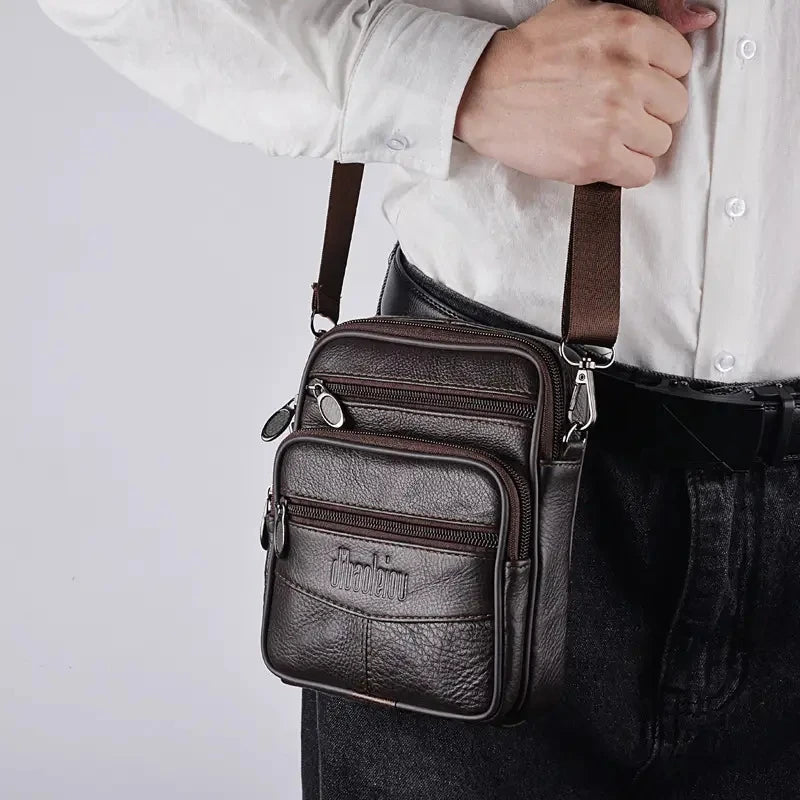 Men’s Leather Crossbody Bag, Vertical Multifunctional Messenger