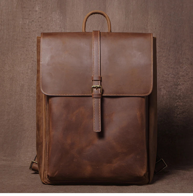 Men’s Retro Genuine Leather Backpack, Flap Travel Commuter Bag