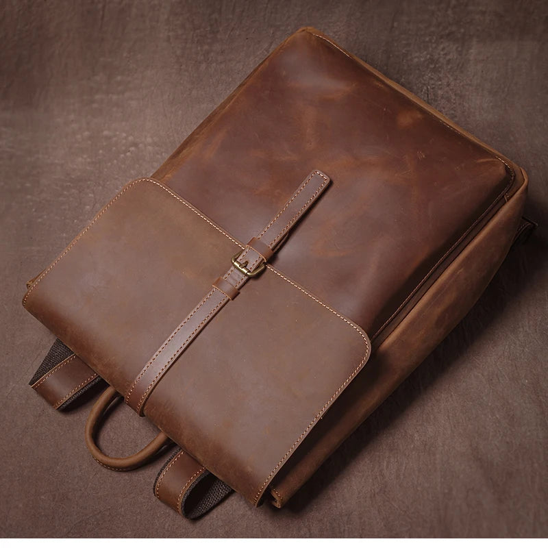 Men’s Retro Genuine Leather Backpack, Flap Travel Commuter Bag