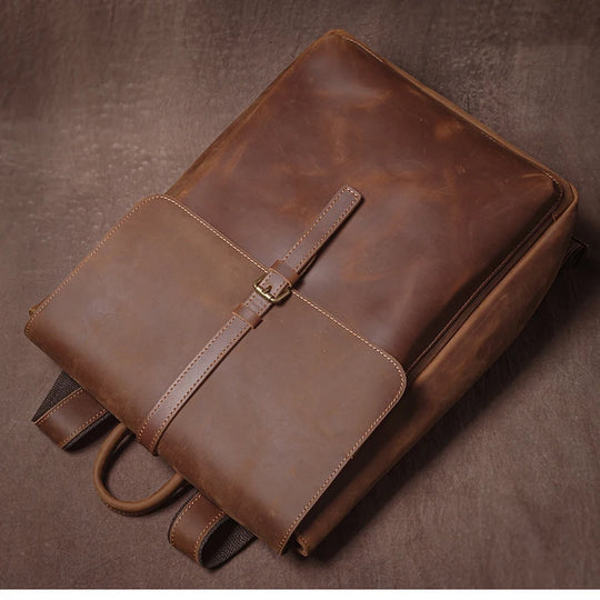Men’s Retro Genuine Leather Backpack, Flap Travel Commuter Bag