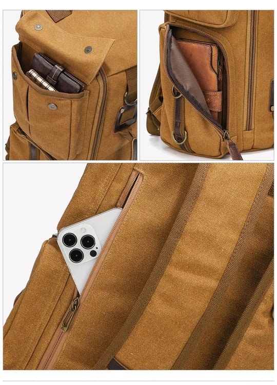 Vintage Leather 16 inch Laptop Backpack and Bag Two-In-One, Waxed Canvas Shoulder Rucksack, Carry-On Travel Bag-Backpack for Men and Women