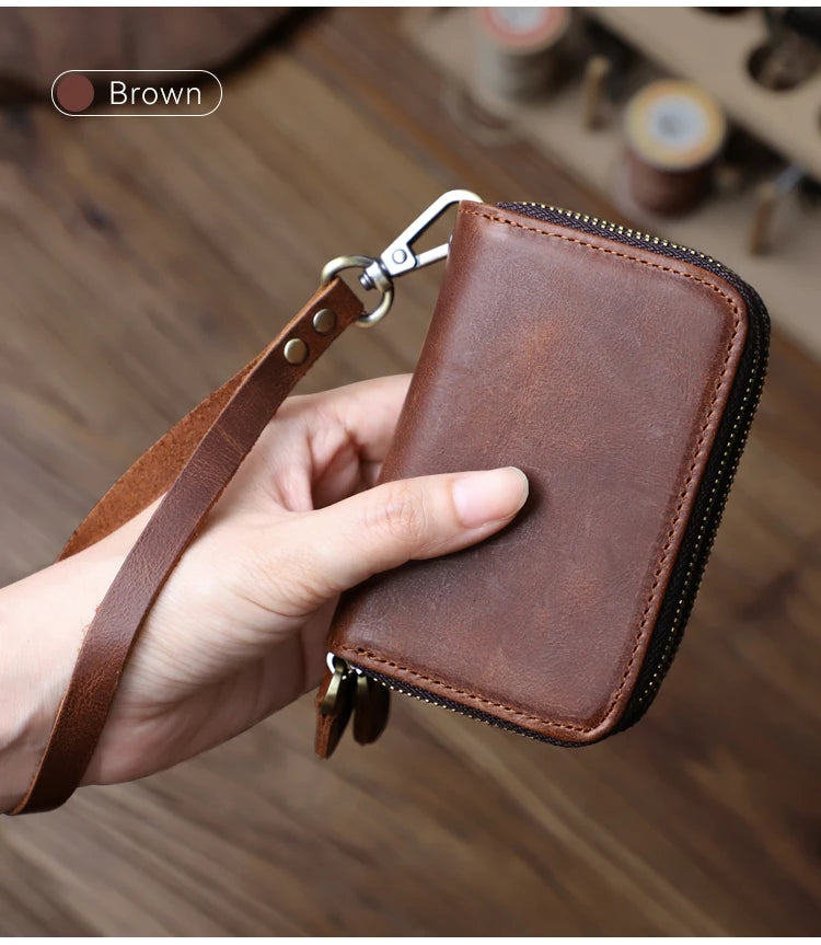 Genuine Leather Key Wallet, Double Zipper Key Organizer Pouch
