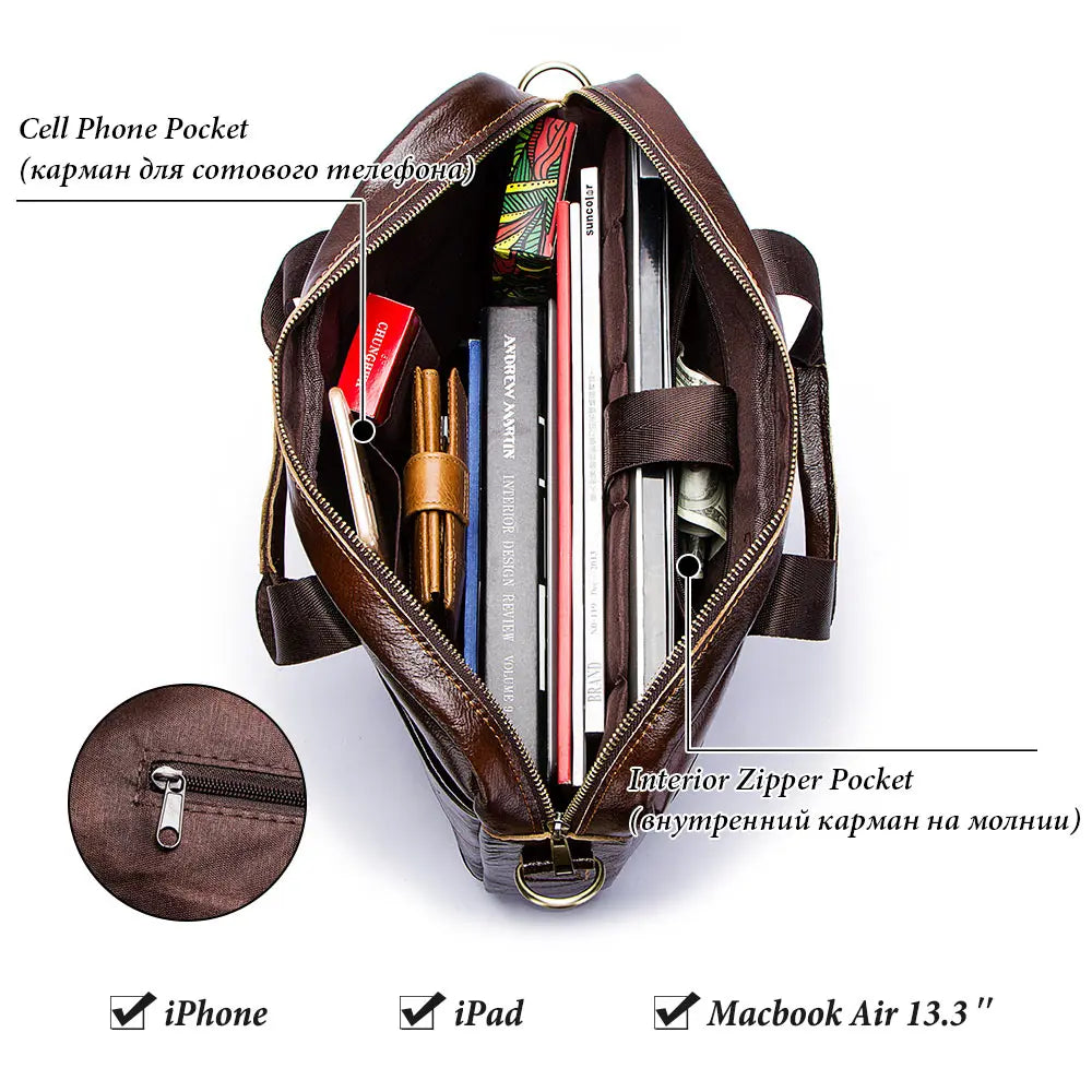 Genuine Leather Men's Briefcase, Business Laptop Messenger Bag